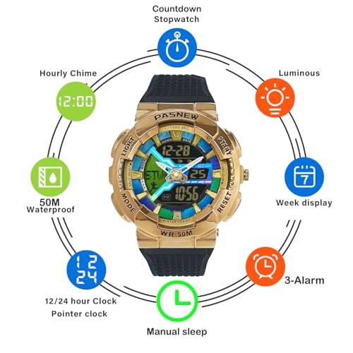 Image of PASNEW Boys' Watches - Dual Display, Large Dial Sport Watch, Black Outdoor Watch for Boys & Teens - Waterproof