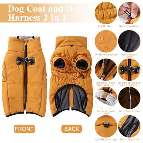Savlot Hundejacken für den Winter Winddicht Wasserdichtes 2-in-1-Outfit Hundemantel für kaltes Wetter Reflektierende Hundeweste mit Geschirr Welpen-Winterjacke Hundemantel mit Reißverschluss