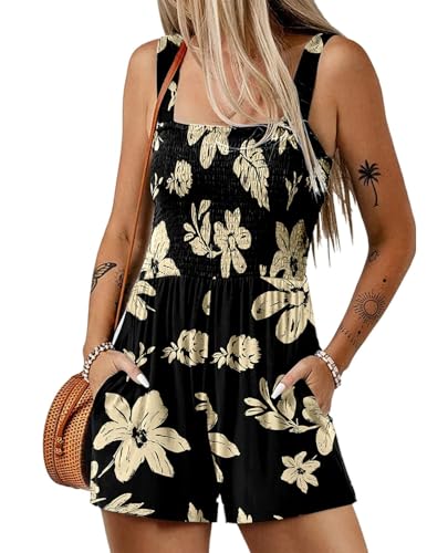 QUNERY Mono Corto Mujer de Verano 2025 Sin Mangas Peto Mujer Verano Bohemia Casual Sueltos Jumpsuit con Bolsillos Moda Playa Negro M