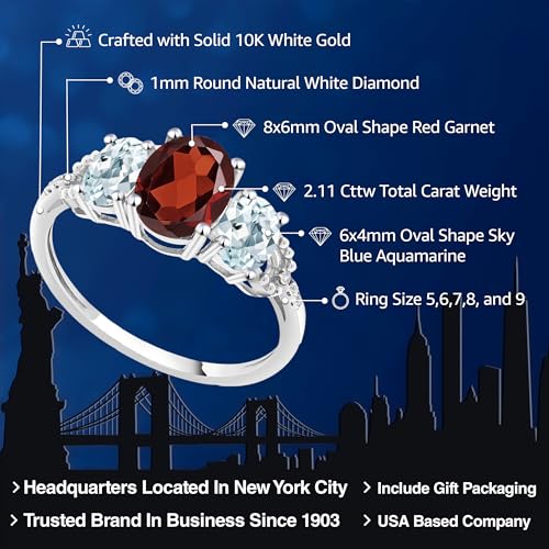Gem Stone King 10K White Gold Red Garnet Sky Blue Aquamarine and Diamond Accent 3-Stone Engagement Ring | 2.11 Cttw, | 3 Stone Wedding Anniversary Promise Ring For Women2