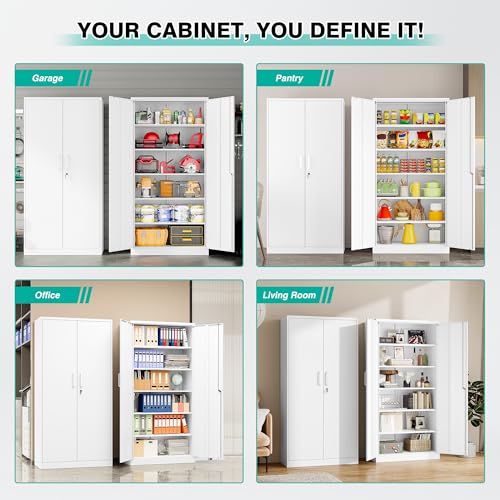 Image of SISESOL White Metal Storage Cabinet with 2 Doors and 6 Shelves,71 inch Tall Metal Cabinet with Lock,Lockable Garage Storage Cabinets,Locking File Cabinet,Steel Tool Cabinets for Home,Office,Garage,Shop