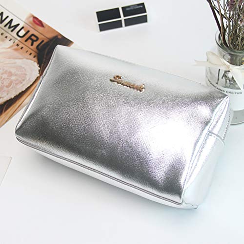 Preisvergleich Produktbild QYSZYG Haushaltskosmetiktasche Multifunktions-Aufbewahrungstasche Tragbare Waschtasche PU-Material Hardware-Reißverschluss Kopf Aus Weichem Leder Staubdicht Und Sturzsicher Silber Kosmetiktasche