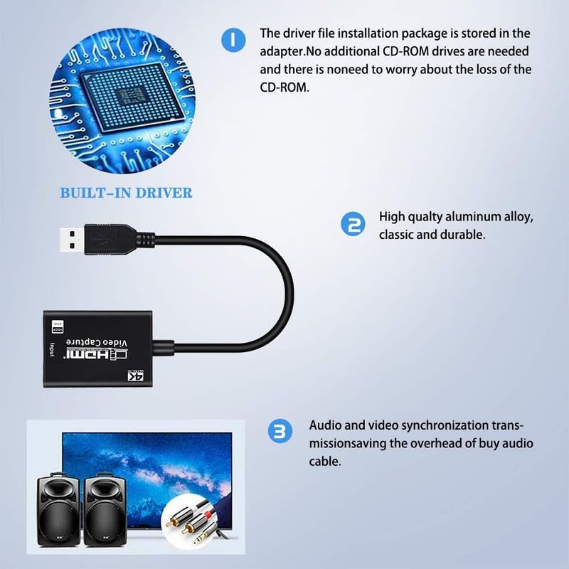 Image of SANCY 4K Video Capture Card, 4K HDMI USB 3.0 1080P Reliable Portable Video Converter for Game Streaming Live Broadcasts Video Recording