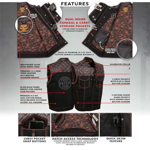 Milwaukee Leather MDM3037 Men's 'Wrecker' Black Denim and Leather Club Style Vest w/Diamond Quilt Design2
