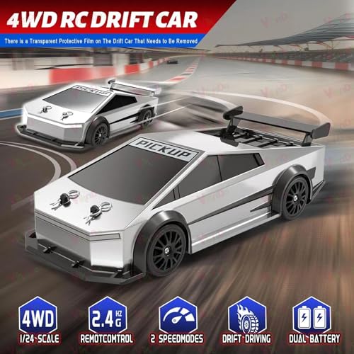 Image of VikriDA 1:24 Scale RC Drift Car - 4WD High-Speed RC Racing Car with LED Lights, 2.4GHz Controller, One Rechargeable Batteries & Drifting Tires - Silver