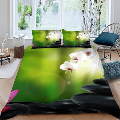 Cailloux Et Fleurs Housse de Couette 140x200 Parure de Lit Zen Microfibre Impression 3D Une House de Couette et Deux Taies d'oreiller (65x65 cm) A.956