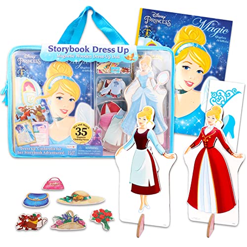 Disney Princess Magnetic Dress Up Doll Figure for Girls ~ Cinderella Bundle with 35 Magnetic Wardrobe Accessories, Storybook, Stickers, and Tote Bag (Princess Activity Set for Kids)
