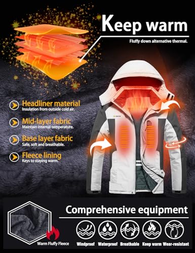 GEMYSE Men's Ski Snow Jacket Warm Winter Waterproof Coat Snowboard Rain Jacket Hooded Windproof Windbreaker（White and Grey,Large） - Thumbnail 4