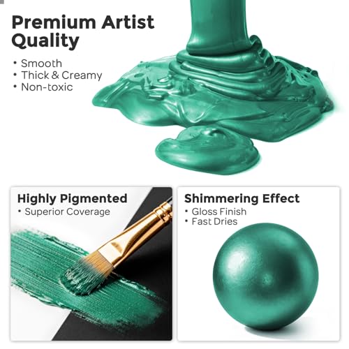 Image of Nicpro Metallic Emerald Green Acrylic Paint, 8.45oz /250ml Craft Paints | Large, Non Toxic, Non Fading Pearlescent Paint for Metal, Wood, Clay, Canvas, Ceramic, Furniture, Handcrafts, Art Supplies