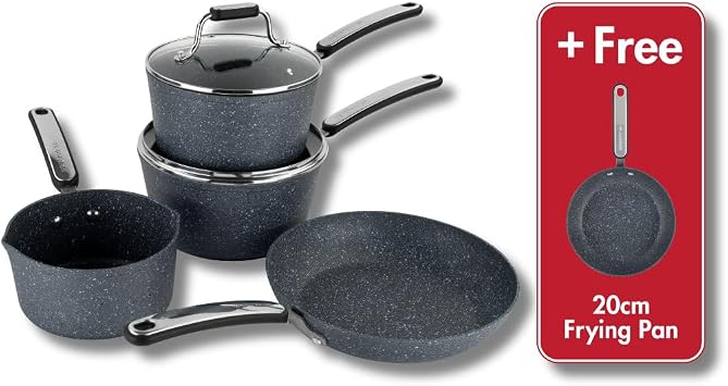 Scoville Expert Neverstick+ 4+1 Piece Cookware Set - Non-Stick Pans Set, 16cm Milk Pan, 18/20cm Saucepans, 20/24cm Frying Pans, Suitable for All Hobs, PFOA Free, Dishwasher Safe, Aluminium, Grey