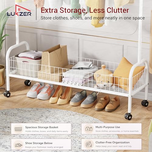 Image of Lukzer | MGR-003 | White | Metal Garment Rack with Wheels, Bottom Shelf & Single Rod - Cloth Organizer for Hanging Kurtas, Jackets, Bags in Bedroom, Office, Hostel & More | 173 x 110 x 35 cm