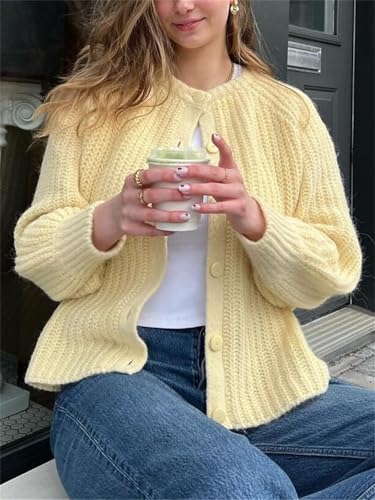 Image of Women's Casual Puff Long Sleeve Crew Neck Cardigan Button Down Open Front Knit Loose Sweater Outwear
