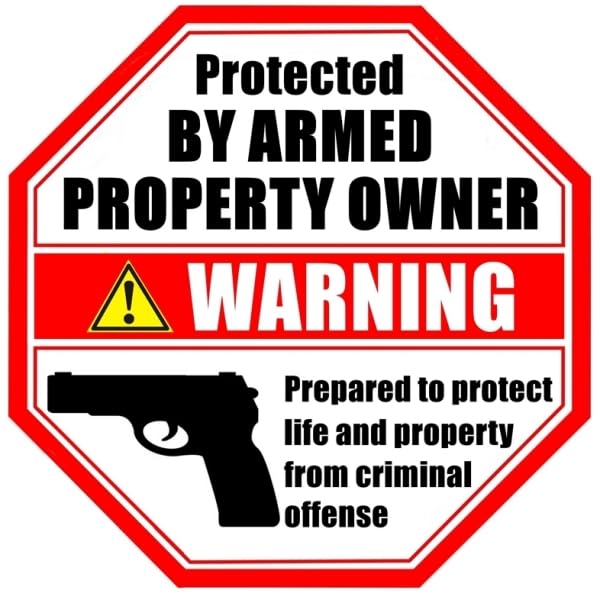 Printed on adhesive side, Outdoor/Indoor (4 Pack) 3.5" X 3.5" - Protected By Armed Property Owner - Glass Window Door Gun Handgun Danger Warning Sign Vinyl Label Sticker Decal - Front Adhesive Vinyl