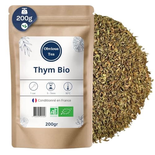 Thym Bio en Vrac - Pour Infusion, Tisane et Épice Culinaire - Thymus Vulgaris L - Agriculture Biologique - Odeur Aromatique Douce - Conditionné en France - Sachet 200 gr (100 Tasses)