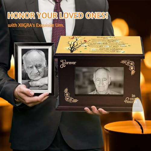 Cremation Urns for Human Ashes Adult Male Female Wooden Urns with Photo Frame for Women Men Funeral Memorial Decorative Wood Urns for Ashes Large Burial Urn Box and Casket Up to 250 IBS (Tree)