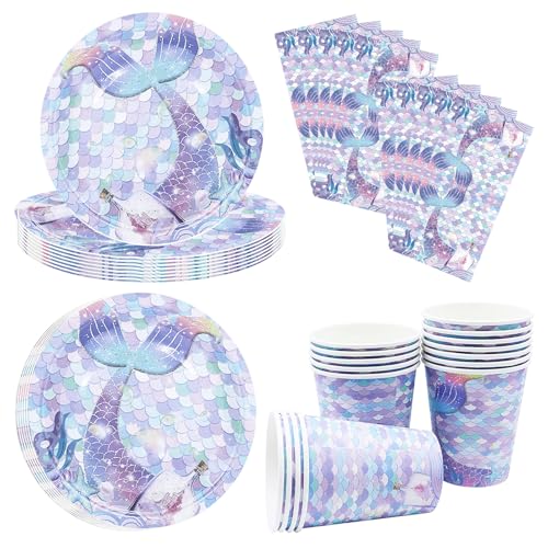 Juego Vajilla Sirena, Completo para 16 Invitados, Decoración para Cumpleaños Infantil con Platos, Vasos, Servilletas, Vajilla Desechable de Tema Marino para Fiesta de Niñas (Sirena)