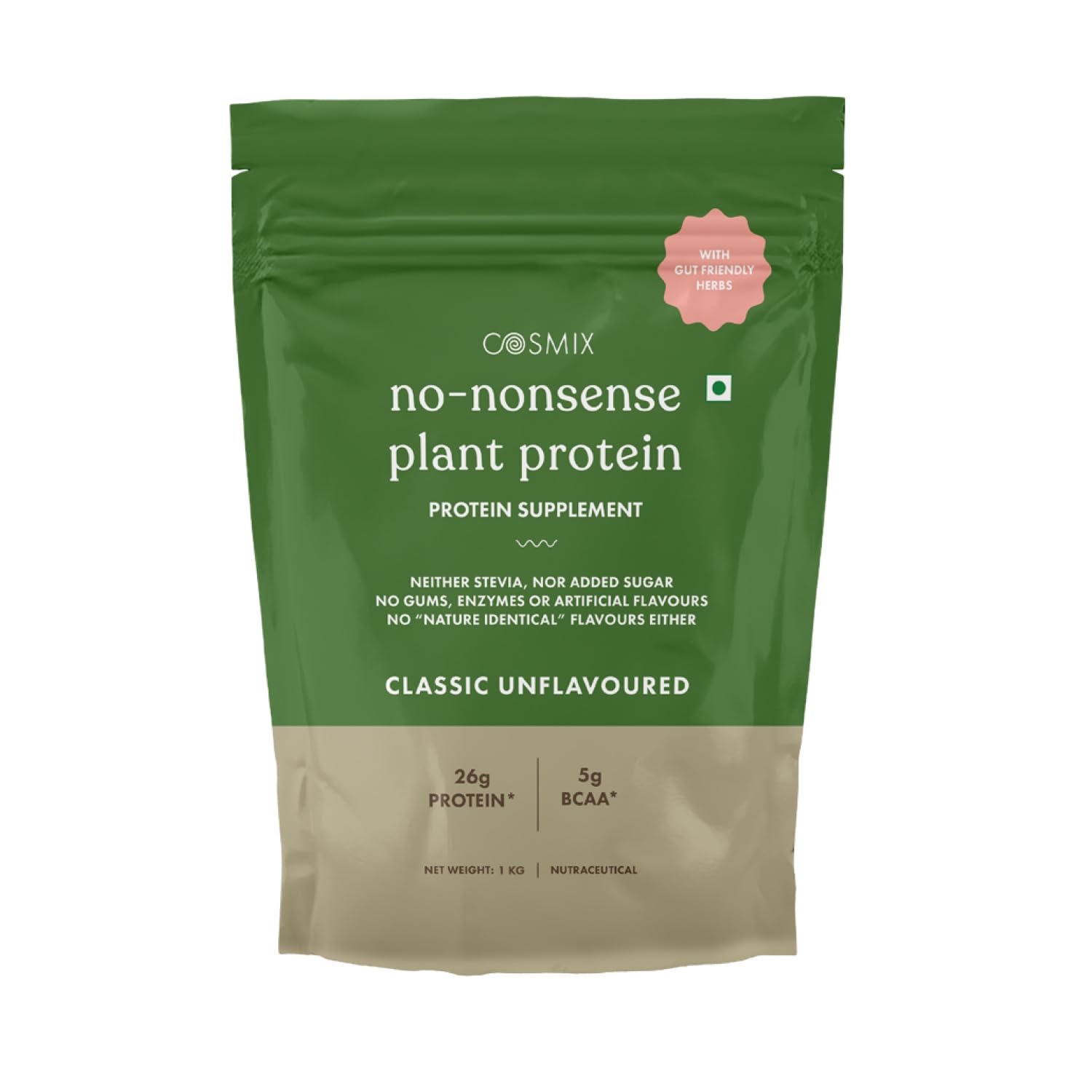Cosmix No-Nonsense Plant Protein | 24 Protein/Serve, 1Kg Pouch | Classic Unflavoured | Plant Based Protein, Pea & Rice Isolate | Clean, Easy to Digest | All Essential Amino Acids