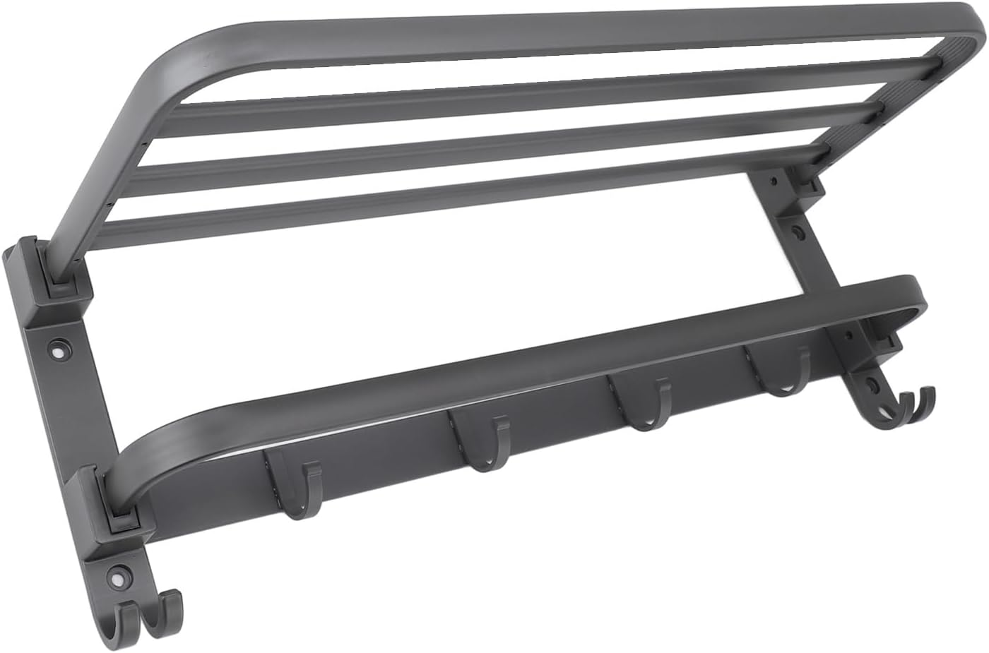 Foldable Wall Mounted Towel Rack, Space Aluminum Towel Shelf with Hooks, Dark Grey, Easy Installation, Strong Load Bearing for Bathroom