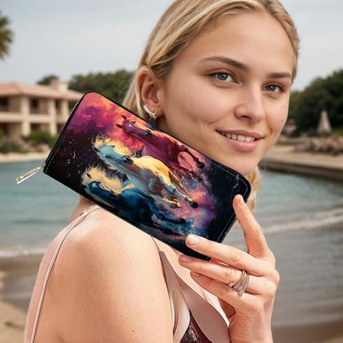 Image of RFID Blocking Leather Wallet for Women - Large Capacity Zip Around Clutch with 8 Card Slots,20 Cash Pockets & Coin Zipper,Horse