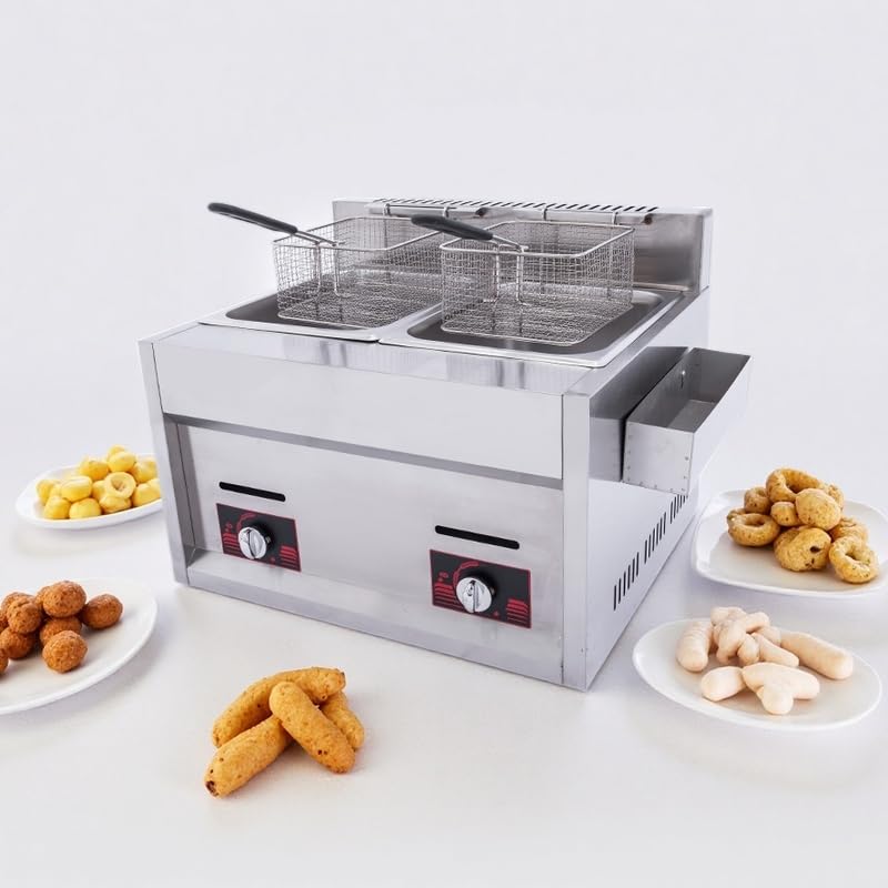 Friteuse à gaz 10L x 2 commerciale en acier inoxydable facile à nettoyer