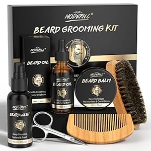 POP MODERN.C Beard Growth Kit Beard Grooming Kit 6pcs Beard Wash Shampoo Beard Oil Beard Balm Beard Comb Brush Scissors Best Gift for Men for Valentine’s Day Christmas Father’s Day Birthdays
