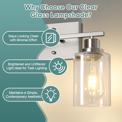 Image of Ascher Bathroom Light Fixtures, 2-Light Vanity Light Over Mirror, Brushed Nickel Wall Sconces with Clear Glass Shades, Wall Lamp for Living Room Bedroom, E26 Base(Bulbs Not Included)
