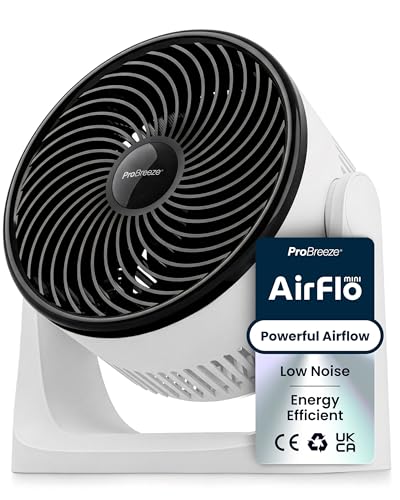 Pro Breeze AirFlo Mini Turbo Desk Fan - Whisper Quiet & Ultra Powerful Small Table Fan 3 Speed Settings 90 Variable Tilt Compact Personal Fan for Bedroom Office & Home and Instant Cooling