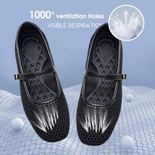Image of Buyrew Women's Mary Jane Flats Breathable Mesh Square Toe Ballet Flats with Arch Support Washable Non Slip Casual Dress Shoes for Work Office
