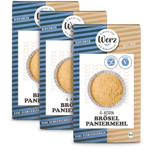 Werz Bio 4-Korn Paniermehl Vollkorn – 3er Pack (3 x 200 g) – Glutenfrei, eifrei, vegan & ohne Zusatzstoffe – Knusprige Brösel aus Reis, Mais, Hirse & Buchweizen – ideal zum Panieren, Backen & Kochen