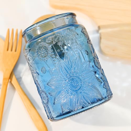 Custde Blue Vintage Glass Candy Jar with Bamboo Lid