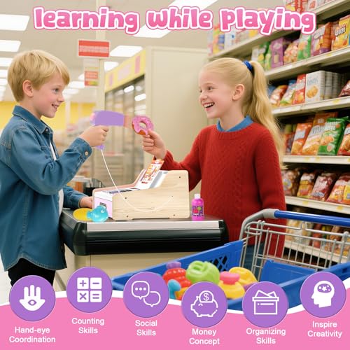 Image of Wooden Cash Register for Kids, Rechargeable Kids Cash Register with Scanner, Pretend Play Cash Register Toy with Fake Money, Food, Credit Card, Toddler Boys Girls Age 2-4 4-8, Pink