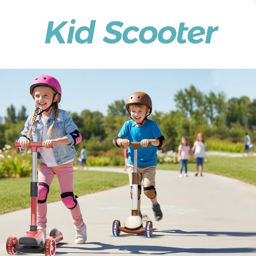 Image of YING LU 3 Wheel Scooter for Kids Ages 3-8, Kids Kick Scooter with LED Light-Up Wheels & Adjustable Handlebar, Toddler Scooter with Rear Brake (Brown /Red)