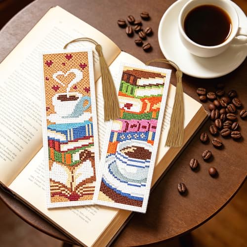 Image of ACRNIGHEET 6PCS Cross Stitch Bookmark Kit for Beginner Stamped Cross Stitch Kits for Adults Book&Coffee DIY Tassel Embroidery Bookmark Kits Needlepoint Kit with Instructions Craft Gift 8.5''x3'' 11CT