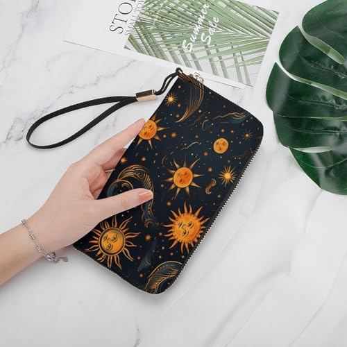 Bohemian Sun Leather Wallet Fashion Bifold Purse Long Pouch with Wrist Strap for Men Women4