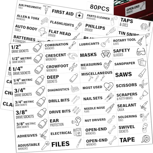 Tool Organizer Stickers – 80 Pcs Waterproof Tool Drawer Label Stickers, Drawer Labels for Garage Storage, Socket and Wrench Identification for Garage, Workshop and DIY Projects, 3.1" x 1" White