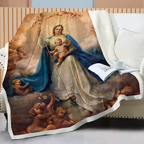 Bedmust Blue Virgin Angel Throw Blanket Virgin Maria Authentic Catholic Blankets Mother Blanket Flannel Fleece Throw Blanket (60X50 Inches) #TOP5