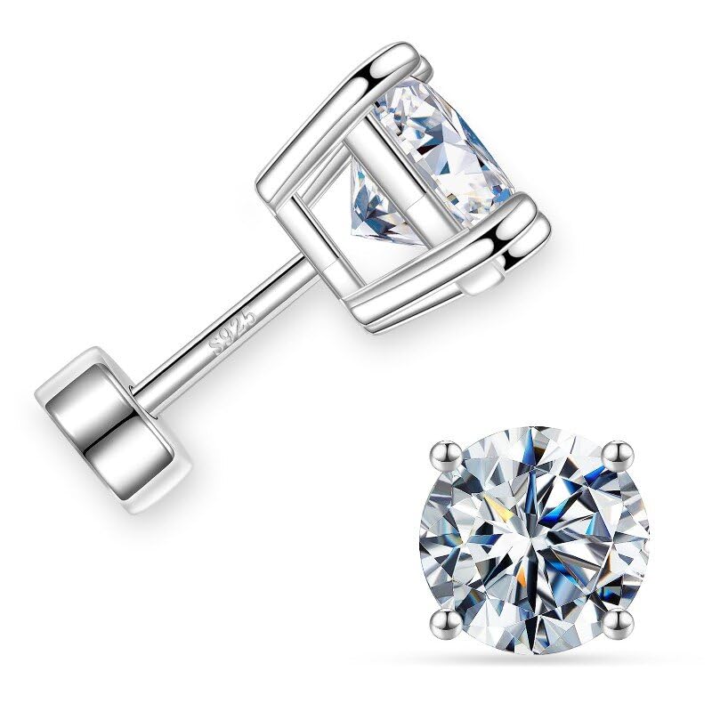 MOOSEA 0.2-2ct Moissanite Flat Back Earrings, D Color VVS1 Clarity Lab Created Moissanite Earrings Screw Back, 18K White Gold Plated Solid 925 Sterling Silver Earring for Women Men