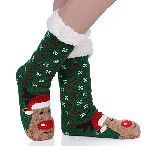 Tacobear Zapatillas Casa Mujer Calcetines de Navidad Alce Papá Noel Design Calcetines Antideslizantes Cálido Calcetines Invierno con suela Gruesos Lana Calcetines de Piso para Mujer Niña Cover