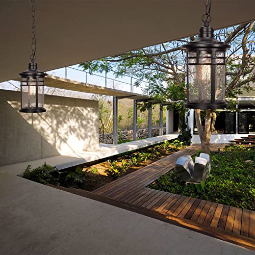Image of Darkaway Outdoor Pendant Lights for Porch, Outdoor Chandelier Hanging Porch Lights Ceiling Mount Aluminum with Seeded Glass for Front Porch Gazebo Patio (Medium, Black)