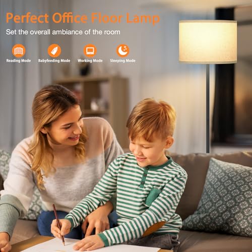 Image of Ambimall 60'' Modern Floor Lamp with Remote, Tall Lamps for Living Room, Bedroom, Office, Dining Room, Beige Shade with Black Pole(Included Bulb)