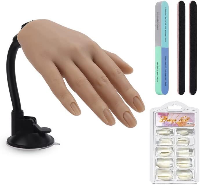 Yokilly Practice Hand for Acrylic Nails,100PCS Practice Nail Tips Flexible Nail Practice Hand with Stand,Silicone Nail Hand Practice Model for Nail Training,Fake Hands With 3PCS Professional Nail File