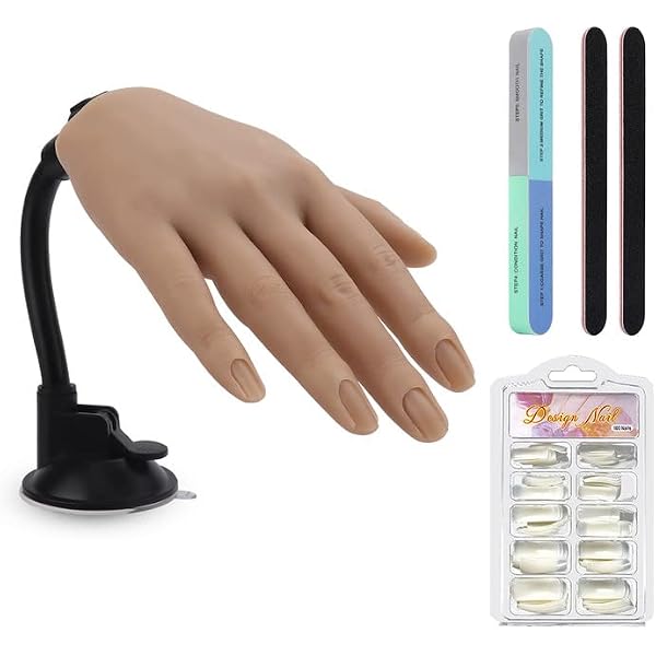 Silikonowa ręka do sztucznych paznokci, elastyczna kobieca ręka manekina ze stojakiem miękkie sztuczne ręce do treningu paznokci manicure z 100 szt. tipsów i profesjonalny pilnik do paznokci 3 szt.