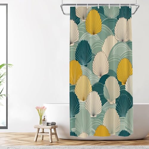 Shrahala Ocean Sea Elements - Cortina de ducha decorativa, diseño náutico de ondas de concha, fibra de poliéster, impermeable, con anillos de plástico, para ducha, bañeras, 72 x 36 pulgadas