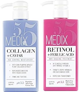 Medix 5.5 Retinol Cream + Collagen Cream Moisturizer Face & Body Lotion Skin Care 2-Piece Set. Retinol Lotion Targets Crepey Skin, Wrinkles & Sun Damaged Skin. Collagen Firms & Tightens Sagging Skin