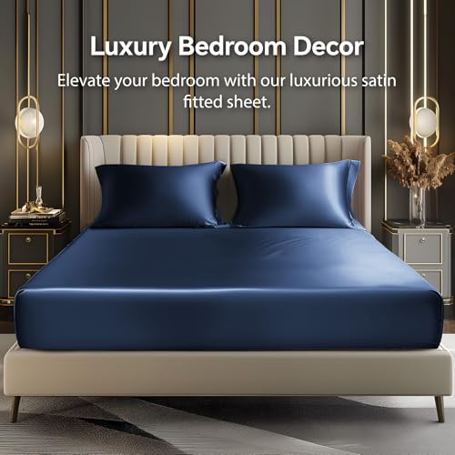BEDELITE Satin Fitted Sheet and Pillowcase Set, Luxury Soft Similar to Silk Bottom Bed Sheet with Elastic Corner Straps, Deep Pocket up to 15 Inch, 1 Fitted Sheet and 1 Pillowcase(Twin XL, Navy)