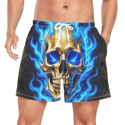 Traje de baño de secado rápido con diseño de calavera negra y azul para hombre