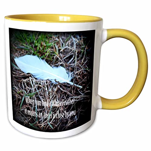 3dRose White Angel Feather is symbolic symbol 11oz Two-Tone Yellow Mug