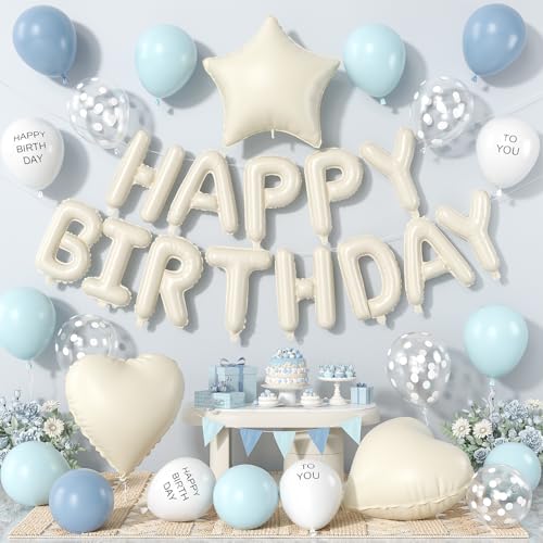 Blue White Birthday Decorations, Happy Birthday Banner with Heart Star