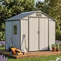 8x6 FT Resin Storage Shed with Floor Lockable Double Door Windows Vents, Easy Assembly All Weather Waterproof Durable Plastic Outdoor Sheds for Backyard Garden Storage Tools Lawnmover, Gray