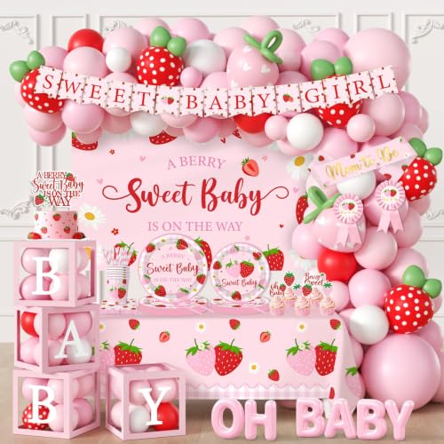 Strawberry Baby Shower Decorations,276pcs Berry Sweet Baby Shower Decorations Plates And Napkins Cups Banner Backdrop Tablecloth Cake Topper Balloon for A Berry Sweet Baby Is On The Way Decorations